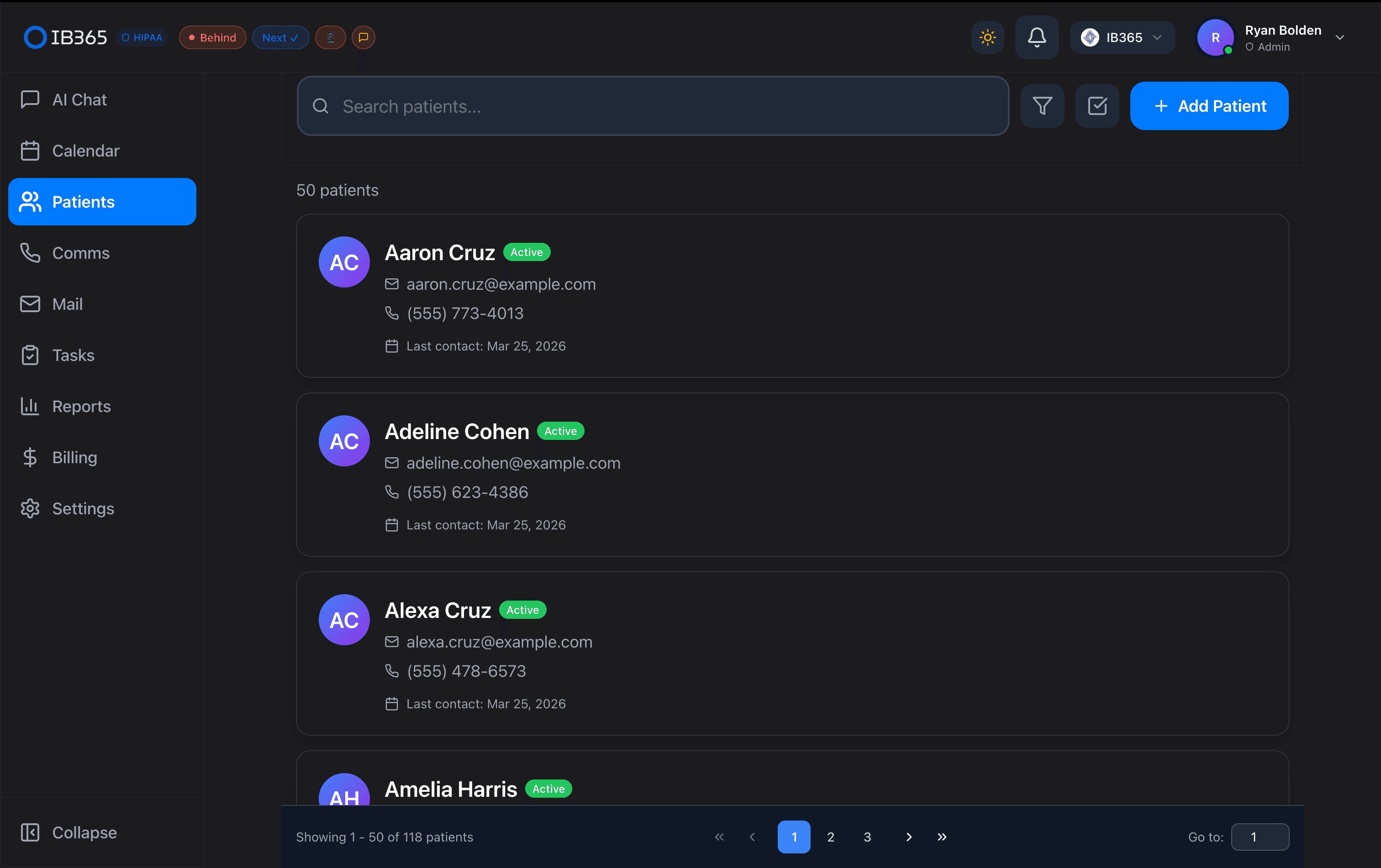 Patient management — search, filter, 118 patients